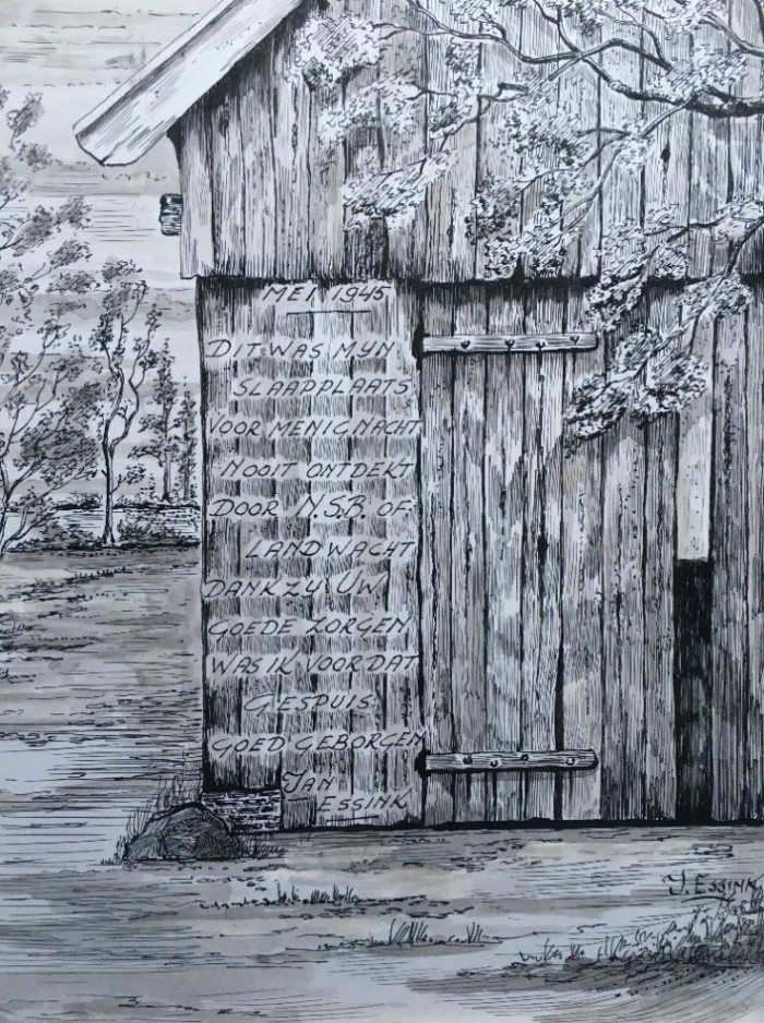 Tekening kapschuur met gedicht